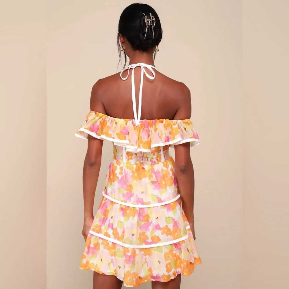 Lulus | NWT Ivory Floral Halter Cold-Shoulder Mini Dress - Picture 2 of 4